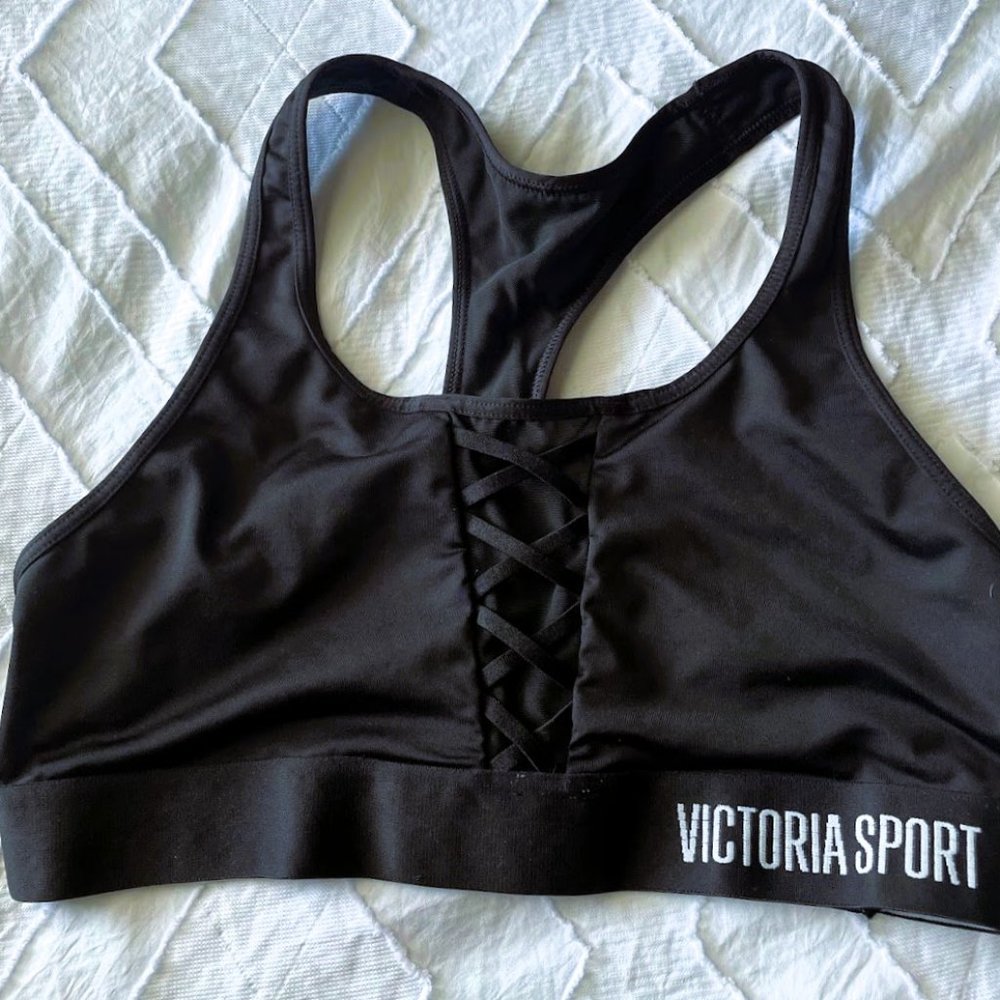 Victoria Sport VSX Workout Sports Bra Black Mesh Front Lace-up Medium Athleisure